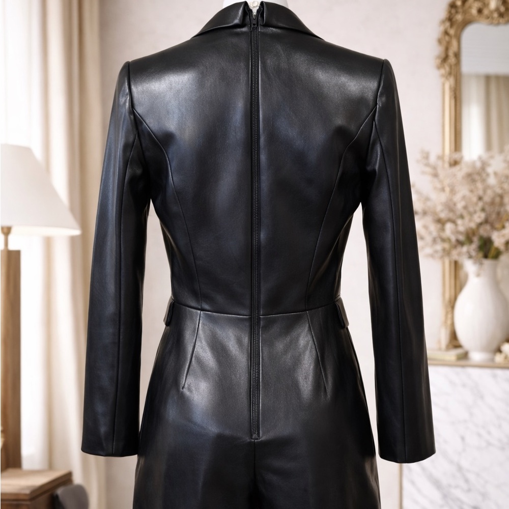 Alice + Olivia Kyrie Vegan Leather Blazer Romper | Black Faux Leather | Back Zip - Picture 4 of 10